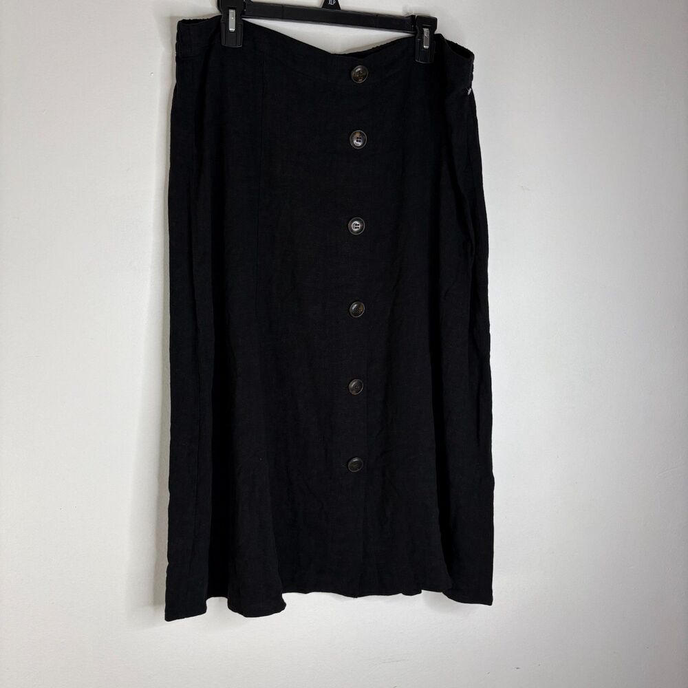 Susan Graver Womens XL Black Linen Blend Button Front A-Line Midi Maxi Skirt